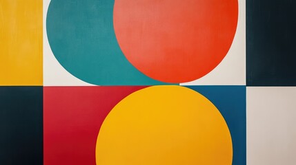 Abstract geometric shapes in bold primary colors, arranged in a balanced, symmetrical pattern, creating a modern, minimalistic design