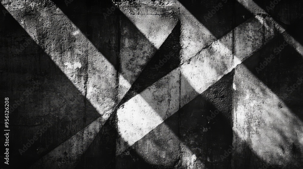 Poster abstract patterns of light and shadow, in shades of gray and black, creating a striking, high-contra