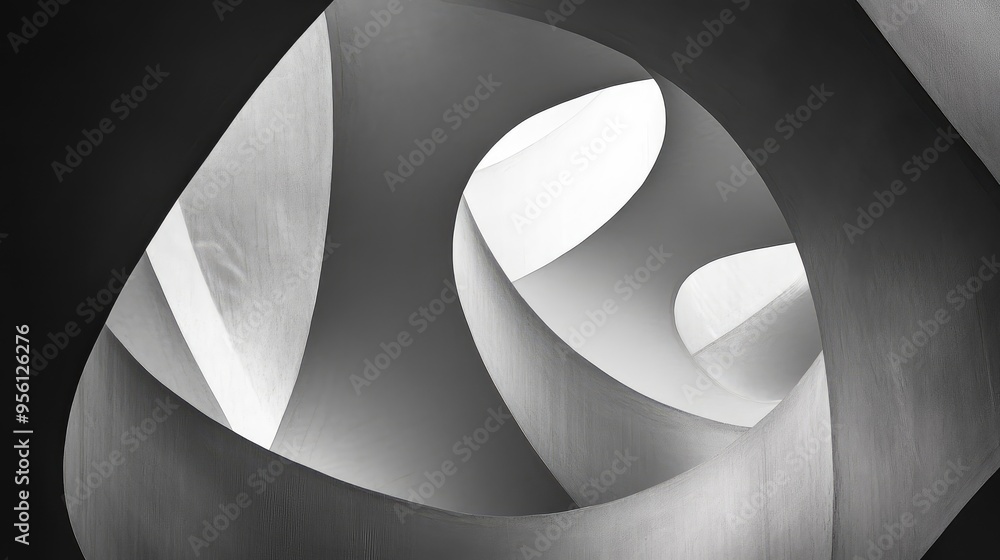 Poster abstract patterns of light and shadow, in shades of white and gray, creating a striking, high-contra