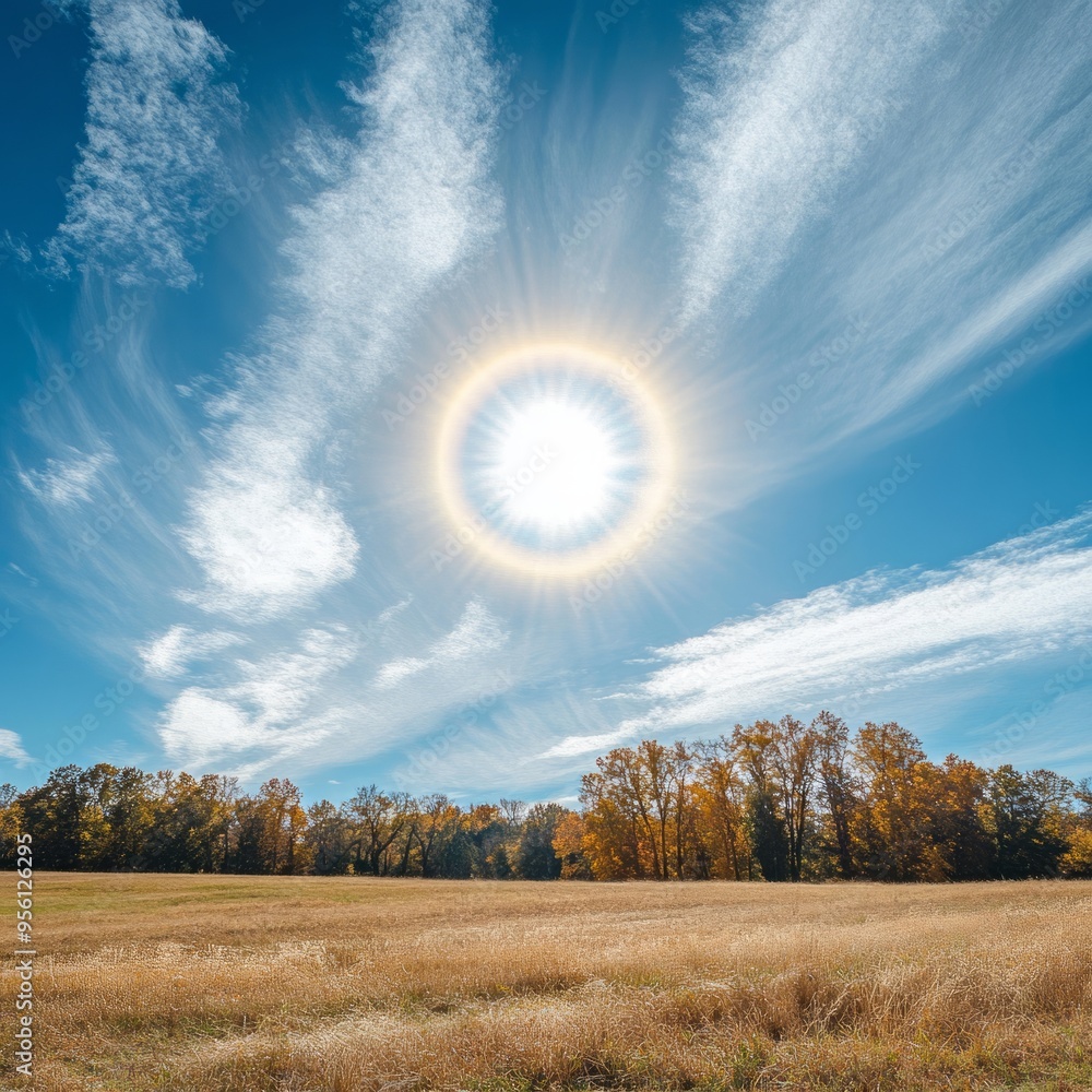 Wall mural A bright sun halo shines over a golden field and autumn trees.