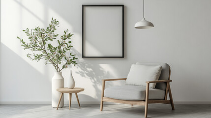 minimalist living room, grey armchair, a crisp white wall, table and plants, interior design