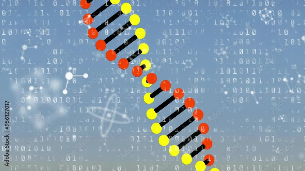Poster dna strand with binary coding and molecular structures, scientific data animation