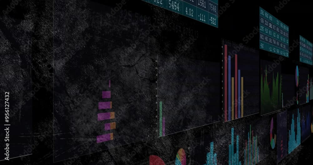 Poster bar and line graphs with financial data animation over dark textured background