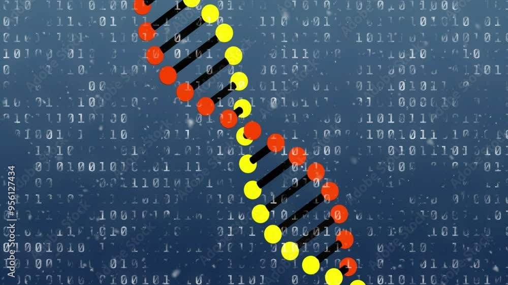Poster dna strand and binary coding, scientific data processing animation