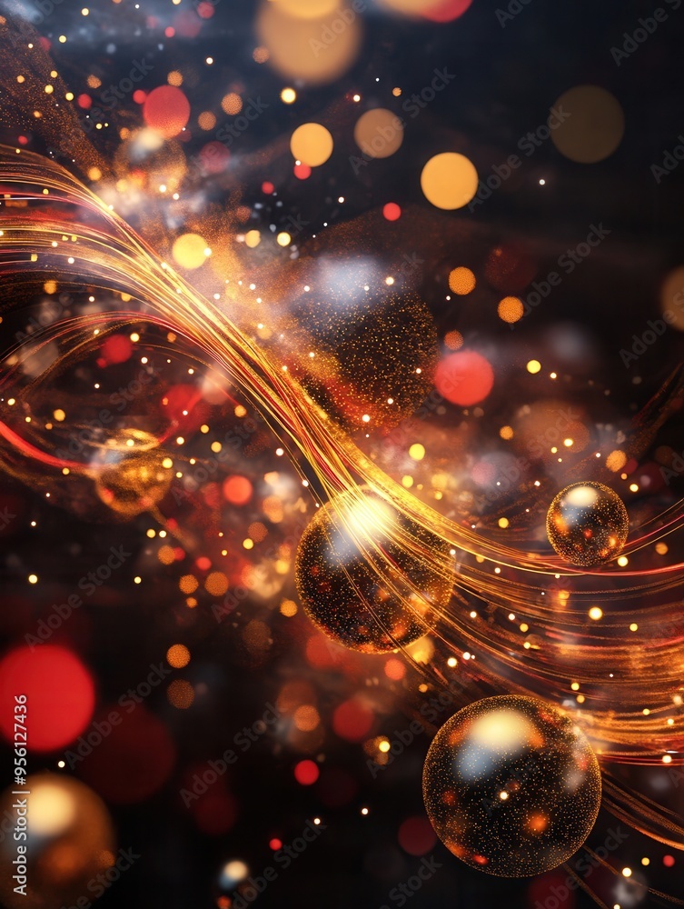 Poster Intertwined glowing lines and spherical elements create a vibrant, festive display reminiscent of holiday lights and decorations. Generative AI