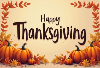 Happy Thanksgiving Greeting with Pumpkins and Autumn Leaves