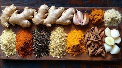 Vibrant Assortment of Ethiopian Spices on Wooden Cutting Board for Doro Wat Cooking