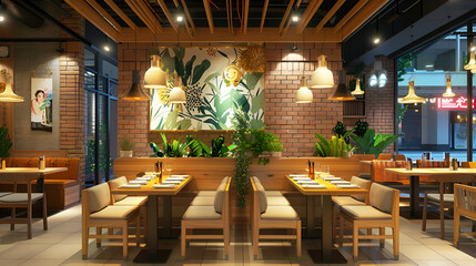 Fototapeta premium A modern stylish and modern restaurant interior design featuring warm lighting, sleek wooden furniture, and a mix of cozy booths and open seating areas. The space should include contemporary decor. 