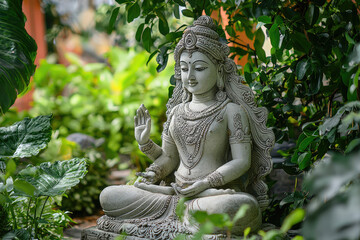Serene Earth Goddess: A Stone Carving of Bhumi Embraces Tranquility Amidst Lush Greenery.