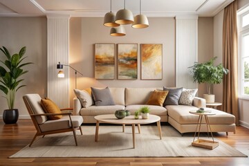 Obraz premium Beige furniture in the cozy living room pairs perfectly with abstract artwork, inspiring a soothing and modern decor