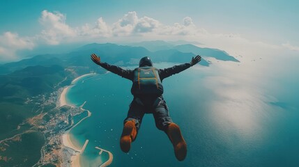 Sky diving over sea and mountain background
