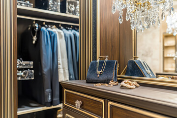 A Glimpse of Opulence: A Luxurious Closet with Mirrored Doors, Jewelry Organizer, and Gleaming Accessories