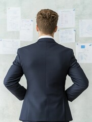 A businessman in a suit contemplates notes and diagrams on a wall