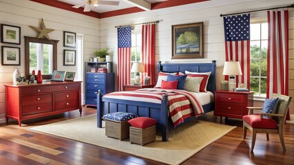 Celebrate Memorial Day with a star-spangled bedroom makeover, featuring dazzling red, white, and blue furniture sets,