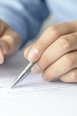 Naklejka premium A close up of a person meticulously filling out a form with a pen