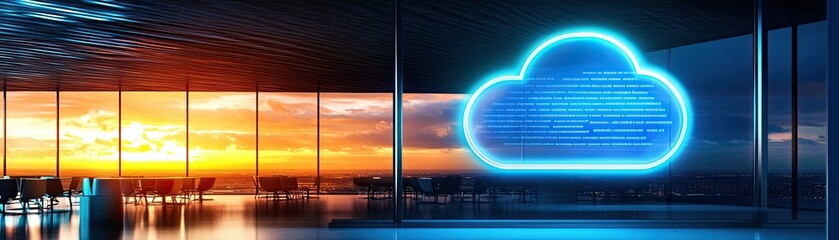 Secure Data Transfer in Futuristic Airport Cafe: Digital Cloud Interface Art