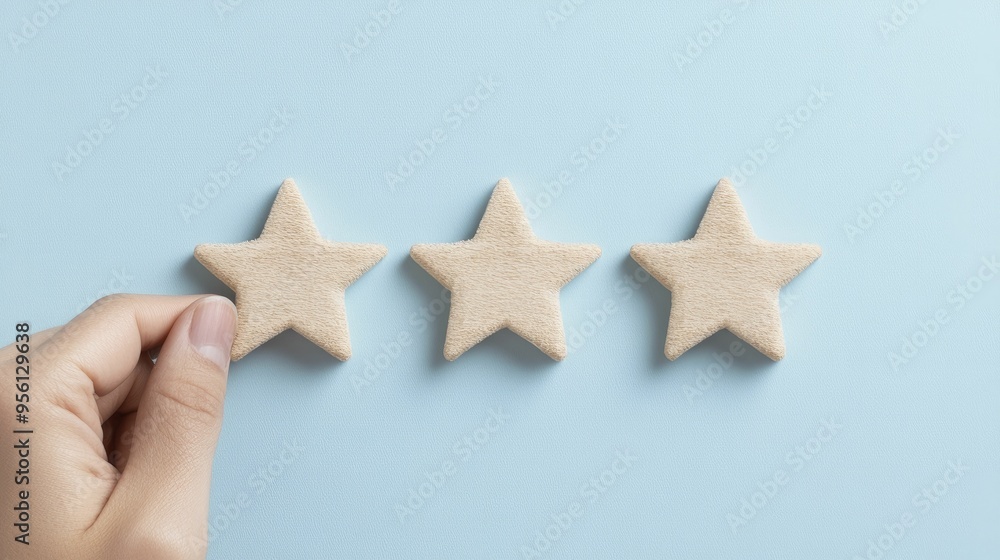 Poster A hand placing a star next to two others on a light blue background