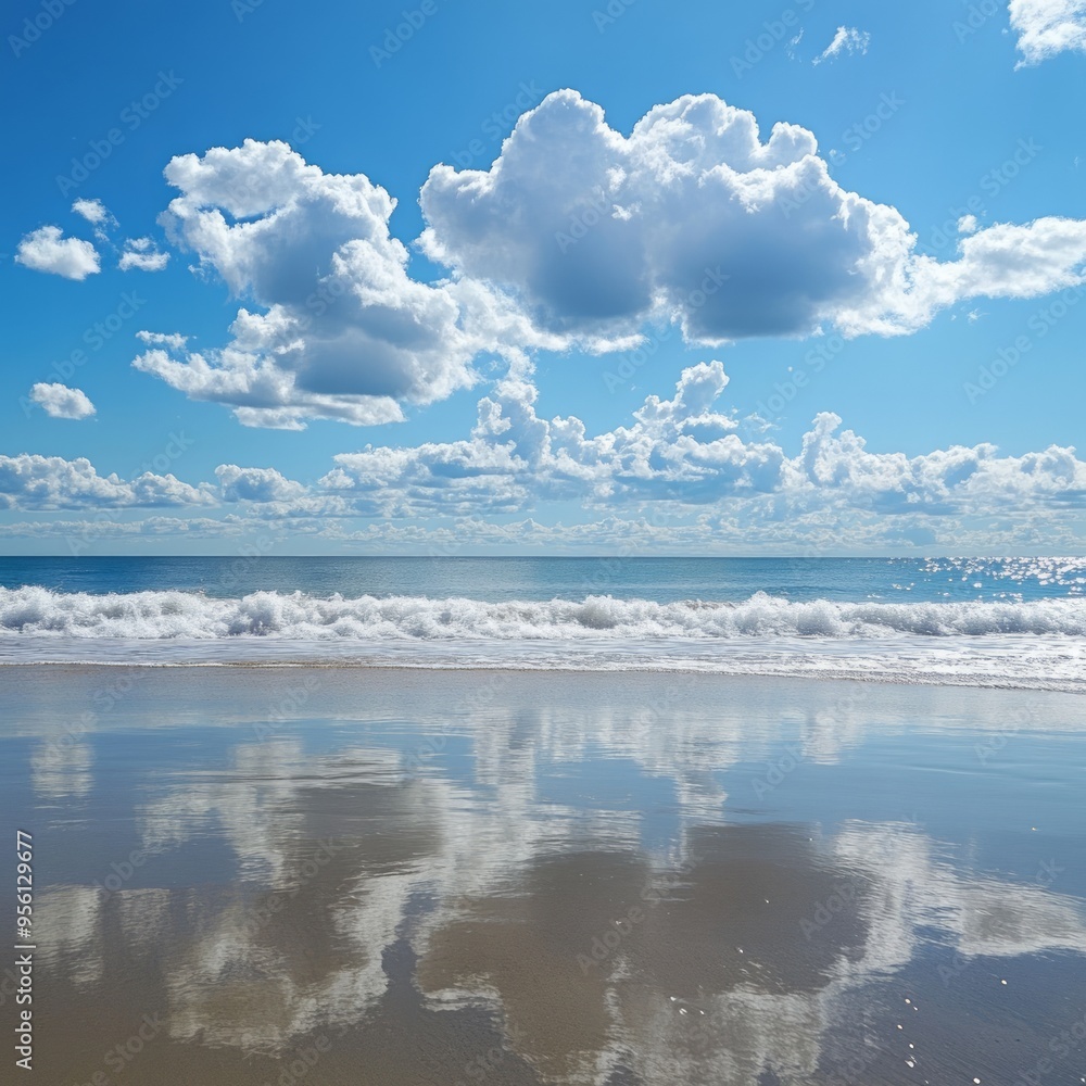 Canvas Prints A calm, tranquil beach scene with white clouds reflected in the water.