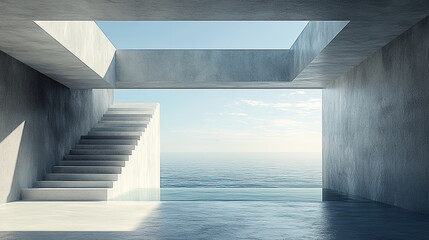 Obraz premium A minimalist and modern interior with an open door leading to the ocean, featuring clean lines and geometric shapes in concrete walls