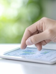 A hand interacts with a tablet displaying colorful graphs and data analysis