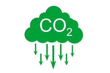 Green CO2 cloud icon with downward arrows representing carbon dioxide emissions on white background. Concept of fighting emissions into the atmosphere.