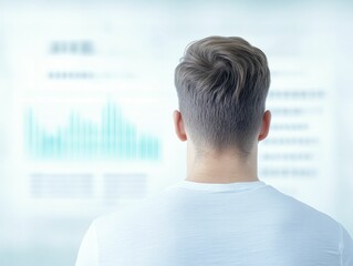 A man attentively analyzes data charts displayed on a screen