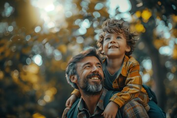 Obraz premium Portrait of happy father giving son piggyback ride on his shoulders and looking up. Cute boy with dad playing outdoor