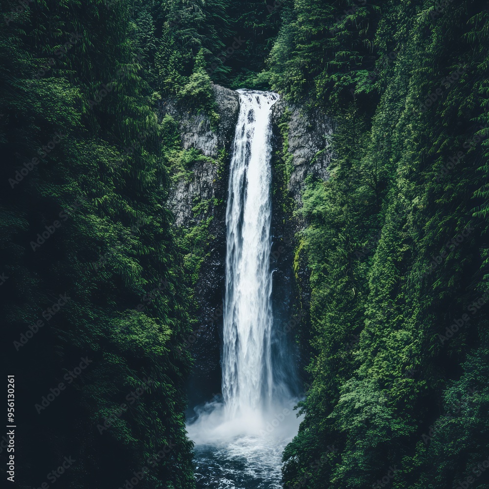 Wall mural A cascading waterfall plunges down a rocky cliff, surrounded by lush greenery.