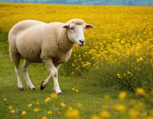 Obraz premium curious sheep walking through yellow wildflowers, with a peaceful rural background of geese and fields. Ai generated images