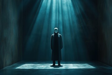 Obraz premium Person Wearing a Plain White Mask Standing Under a Single Spotlight in a Dark, Empty Room