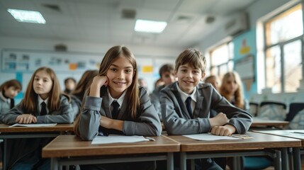 Obraz premium the group schoolboy and schoolgirl sitting at the desk, smiling, looking at the camera during the lesson