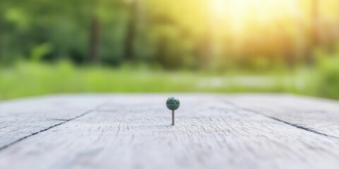 A single pushpin standing on a wooden surface with a blurred green and yellow background