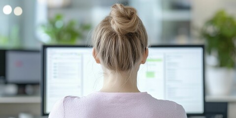 A woman with a blonde bun works at a dual monitor computer setup focused on the screens