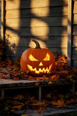 Obraz premium Glowing carved pumpkin on wooden porch surrounded by autumn leaves at dusk