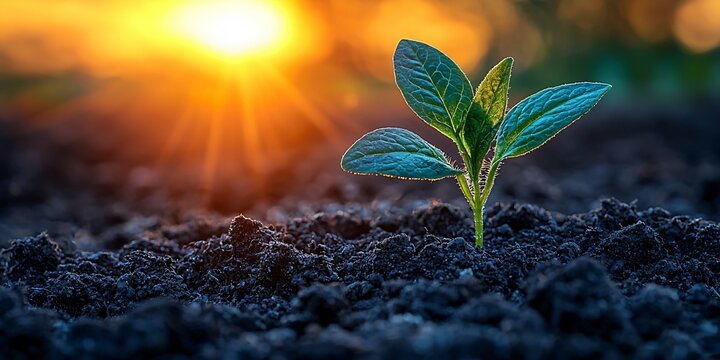 A close-up of a green sprout emerging from the soil at sunset. Ideal for business related to agriculture, nature awareness, and spring events, with copy space.