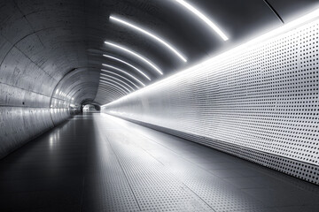 A sleek, modern subway tunnel bathed in the cool, white glow of fluorescent lights. The walls are smooth, with one side featuring a textured, perforated metal panel.