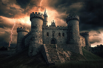 Fototapeta premium A Majestic Stone Castle Stands Tall Against a Dramatic, Stormy Sky, Its Towers Reaching Towards the Crackling Lightning