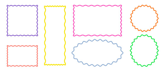 Colorful wavy frames of different shapes and sizes on white background. Wave scallop squiggle cute simple rectangle border set.