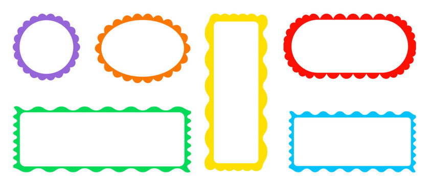 Bright colorful scalloped frames of different shapes and sizes on white background. Wave scallop squiggle cute simple rectangle border set.