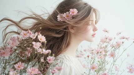Naklejka premium Pink Cosmos flower on long hair of beauty woman in studio,spring or summer concept,creative bright image for advertising products for hair,copy space,Bridal hairstyle with real flowers.