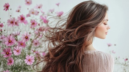Pink Cosmos flower on long hair of beauty woman in studio,spring or summer concept,creative bright image for advertising products for hair,copy space,Bridal hairstyle with real flowers.