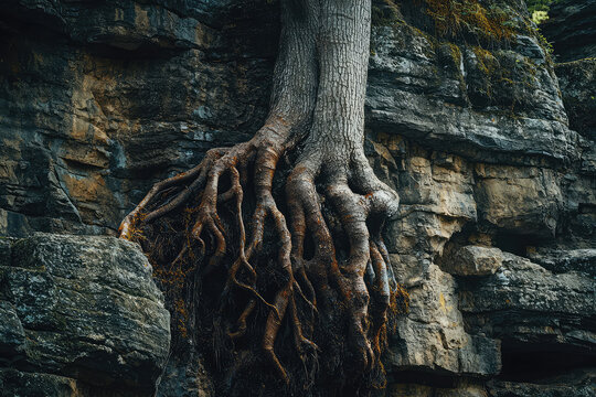 Nature's Grip: A tree's tenacious roots clinging to a rugged cliffside, showcasing the raw power of life's perseverance.