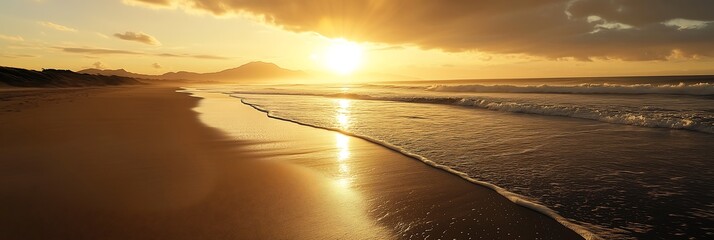 Tranquil Sunset Over Gentle Waves, Serene Beachscape with Golden Horizon