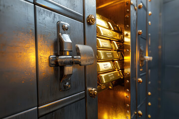 A Glimpse of Gold: A Vault Door Ajar Reveals Stacks of Precious Bars, A Symbol of Wealth and Security.