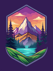 Sunset Mountain Landscape with Lake and Forest