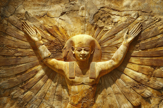 Ancient Majesty: A Golden Depiction of the Sun Disk God Aten, radiating power and divine light.