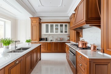 A luxurious palace kitchen featuring copper pots, wooden cabinets, and marble countertops, exuding old-world charm and sophistication
