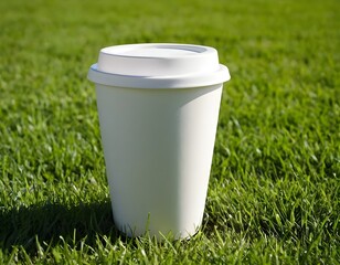 Mockup white cup on green grass