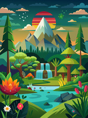 Fototapeta premium Serene Mountain Landscape with Waterfall and River