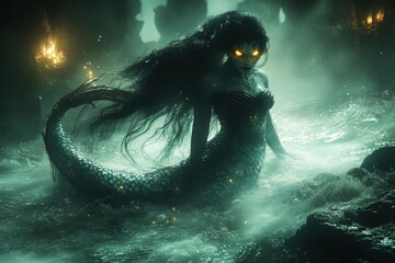 Image of A sinister mermaid with glowing yellow eyes emerges from misty waters, creating an eerie and haunting atmosphere. printed on Printed Glass Splashbacks